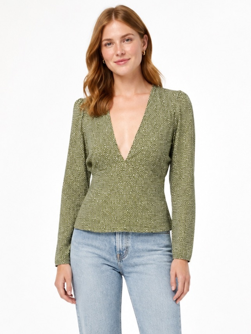 Abercrombie & Fitch Olive Dotted Smocked Peplum Top V-Neck Long Sleeve Small NWT